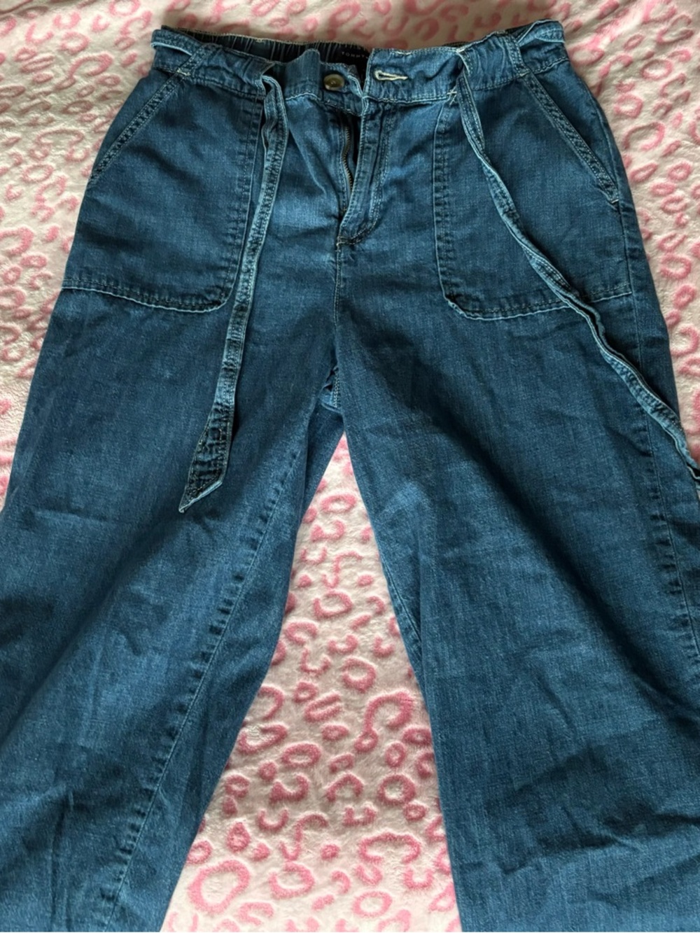 Dark Blue Denim Tie-Waist Pants